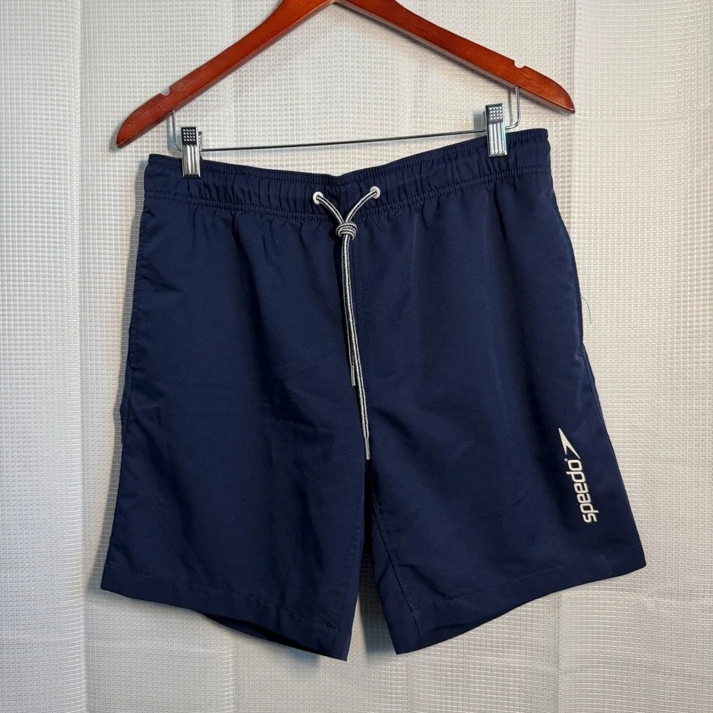 Speedo Swim Trunks Small Navy Blue Elastic Drawstring Waist‎ Mens